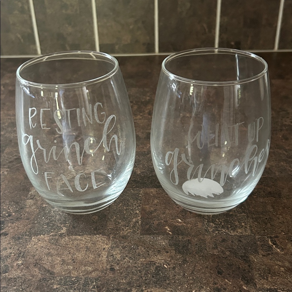 Wine glasses with cute holiday grinch sayings set of 2